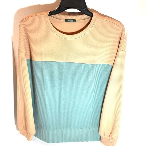 Ofeefan Pullover Peach & Teal Colorblock Knit Work Casual Top Size Large - Picture 2 of 11